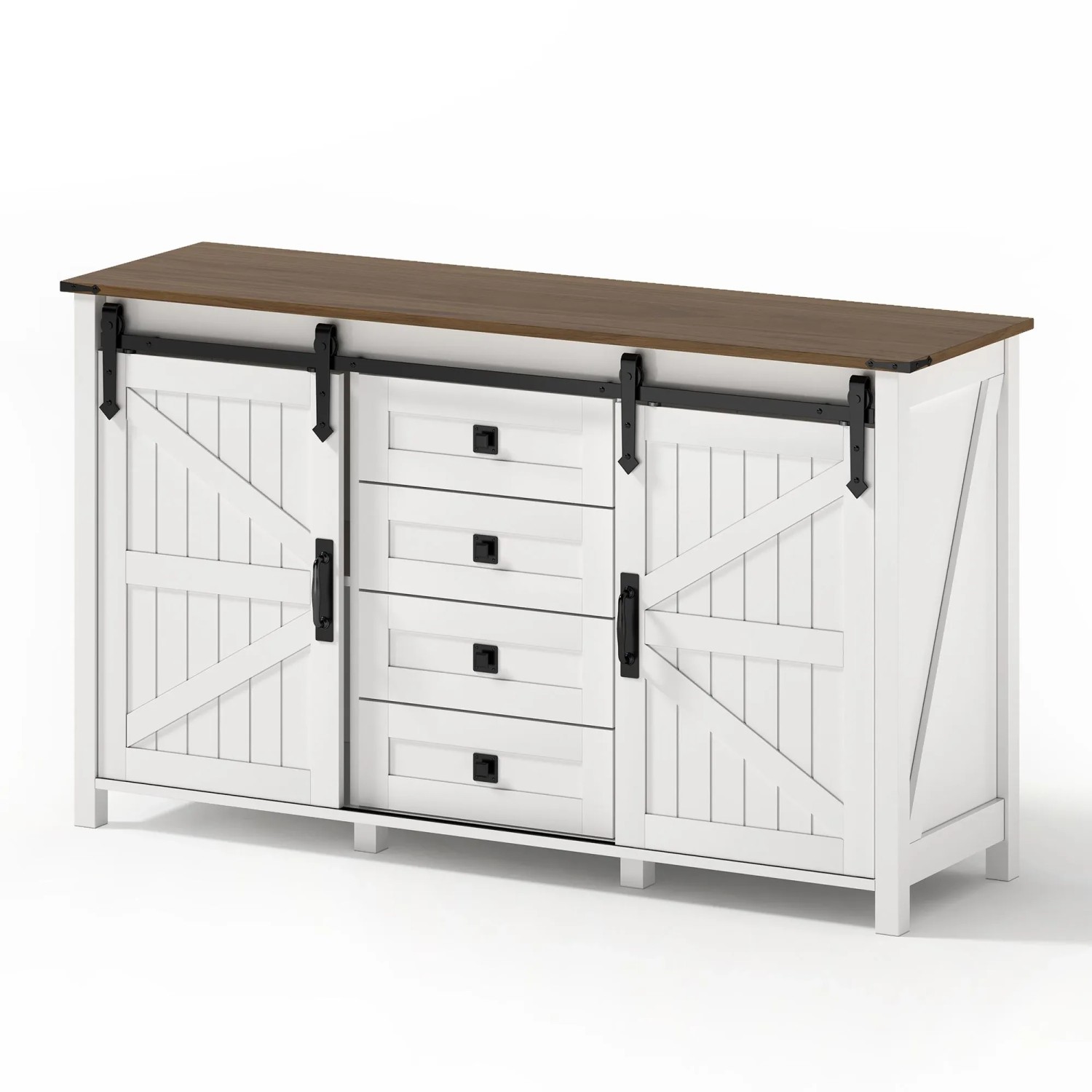 okwish Sideboard mit Schiebetüren 4 Schubladen Küche 137x82x40cm Weiß