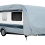 Graue GreenYard Abdeckplane M für Wohnwagen 550x250x220 cm, schützt vor Frost und UV-Strahlung.