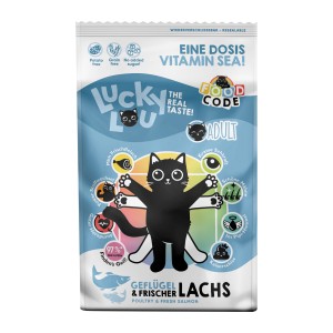 Lucky Lou Katzen-Trockenfutter Adult Geflügel & Lachs, 750g Packung.