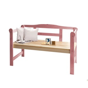 Naturbelassene 2-Sitzer Wilk Friesenbank aus Kiefernholz, rosa gestrichen, mit Kissen und Farbe.