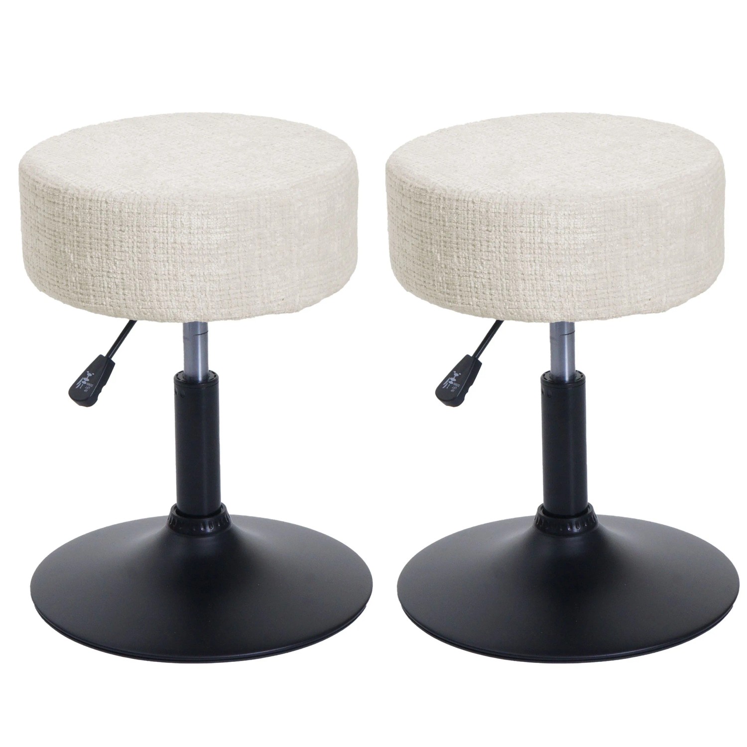 MCW 2er-Set Hocker C22 Höhenverstellbar Drehbar Ø 37cm Stoff Chenille Creme-Weiß