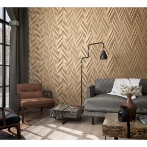 Wohnraum mit brauner Marburg Vliestapete mit geschwungenen Streifen. Dekorative Wandgestaltung.