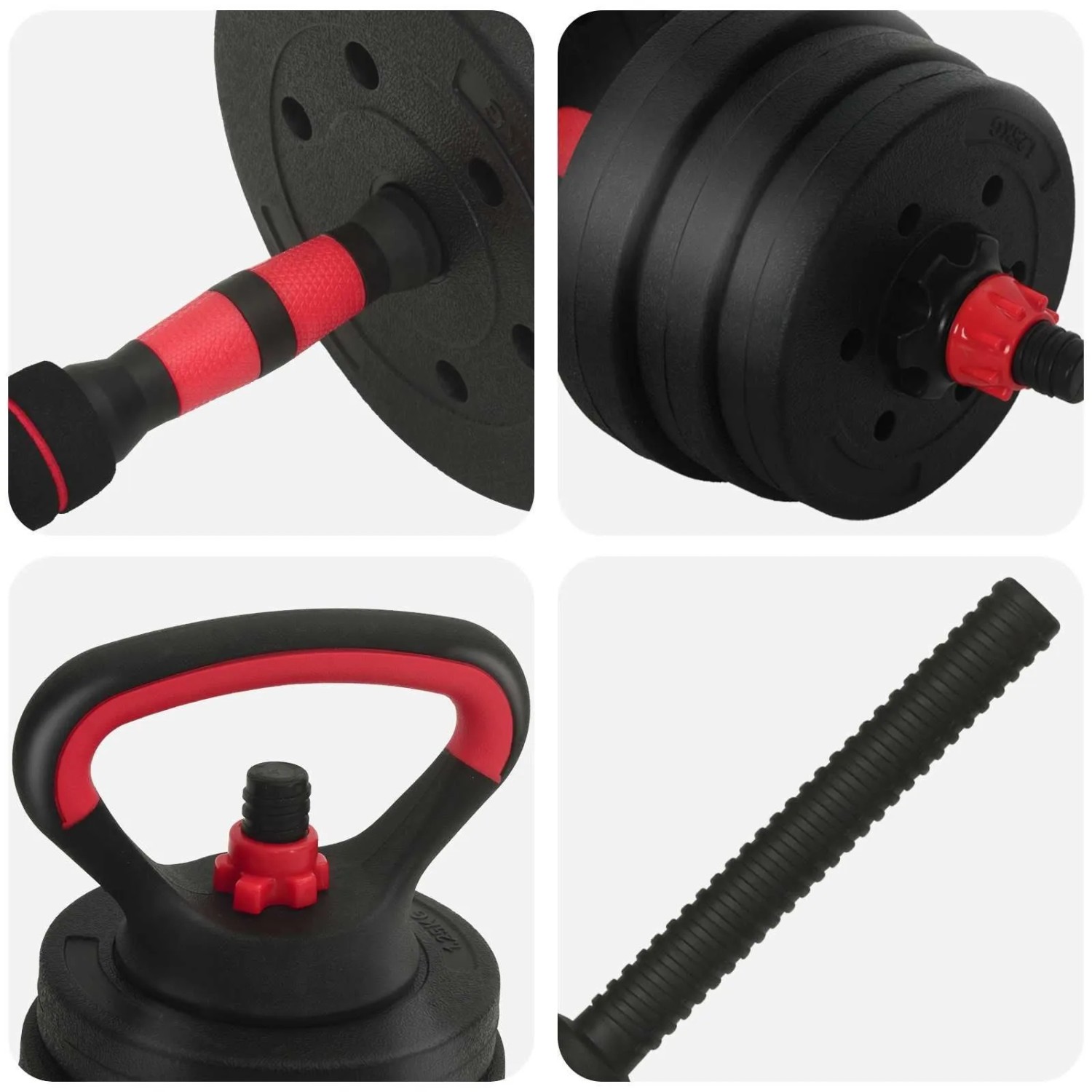 vidaXL 4-in-1 Hantelset 20kg: Kurzhantel, Langhantel & Kettlebell in Schwarz/Rot für dein Fitness-Workout.
