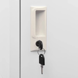 Detailaufnahme: Schließfachschrank aus Stahl mit Schlüssel im Schloss.