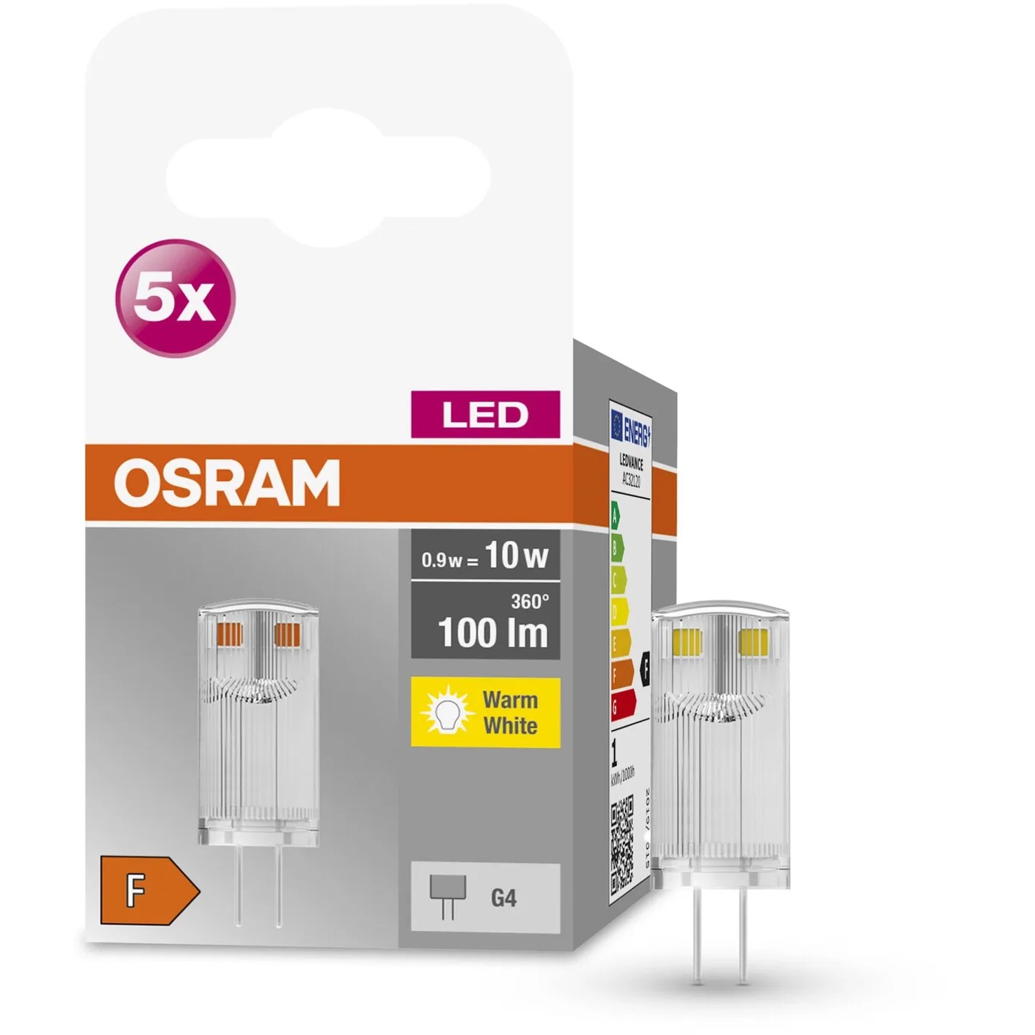 Osram G4 LED Leuchtmittel 5er Set, 0,9W, warmweiß, 100lm, 3,3x1,2cm.