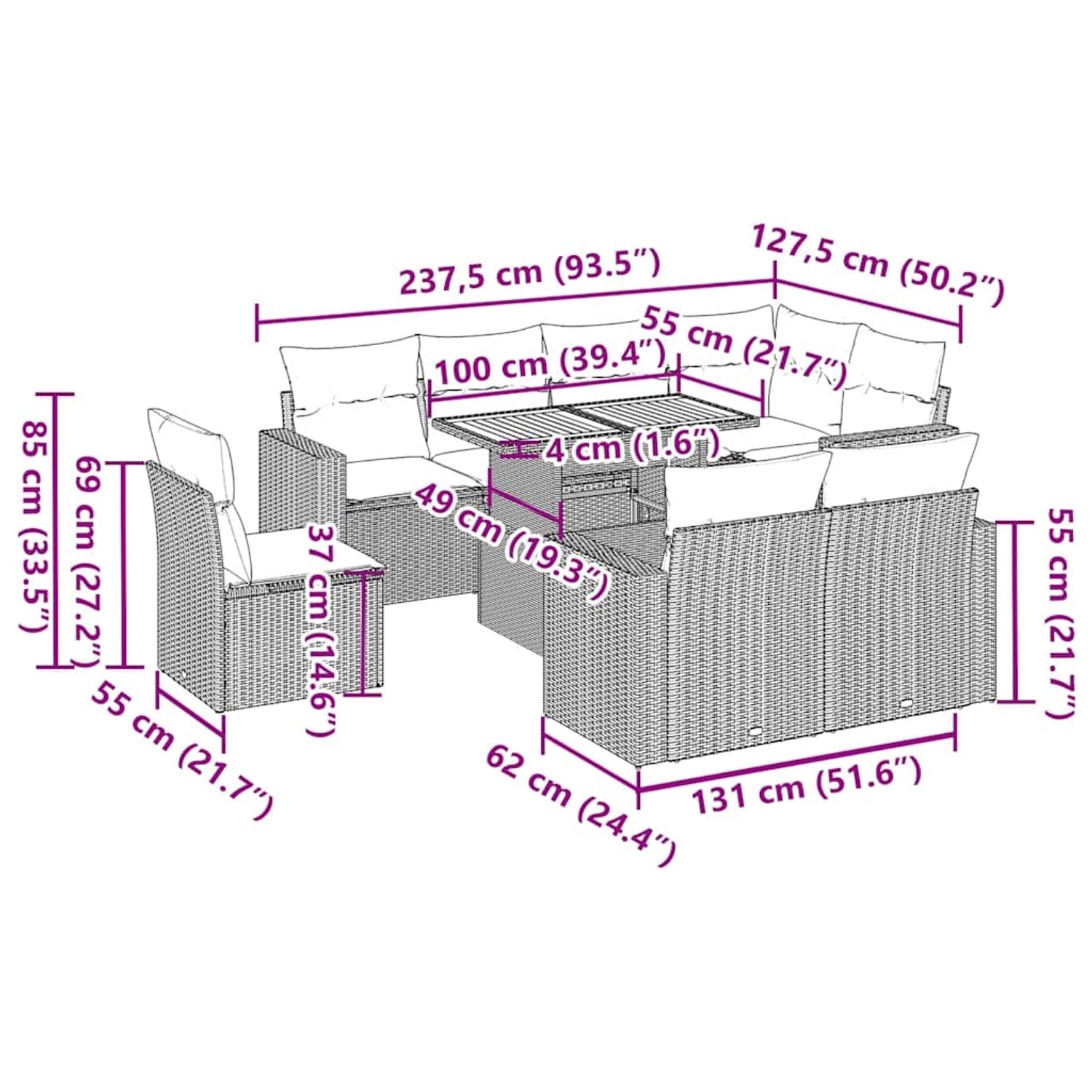 vidaXL 9-tlg. Garten-Sofagarnitur Beige Poly Rattan mit Maßen, ideal für Terrasse und Garten.