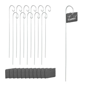 Relaxdays Schiefer Pflanzenschilder Set mit 12 Stück und Metallstäben, anthrazit. Gartenhilfsmittel zur Beet-Kennzeichnung.