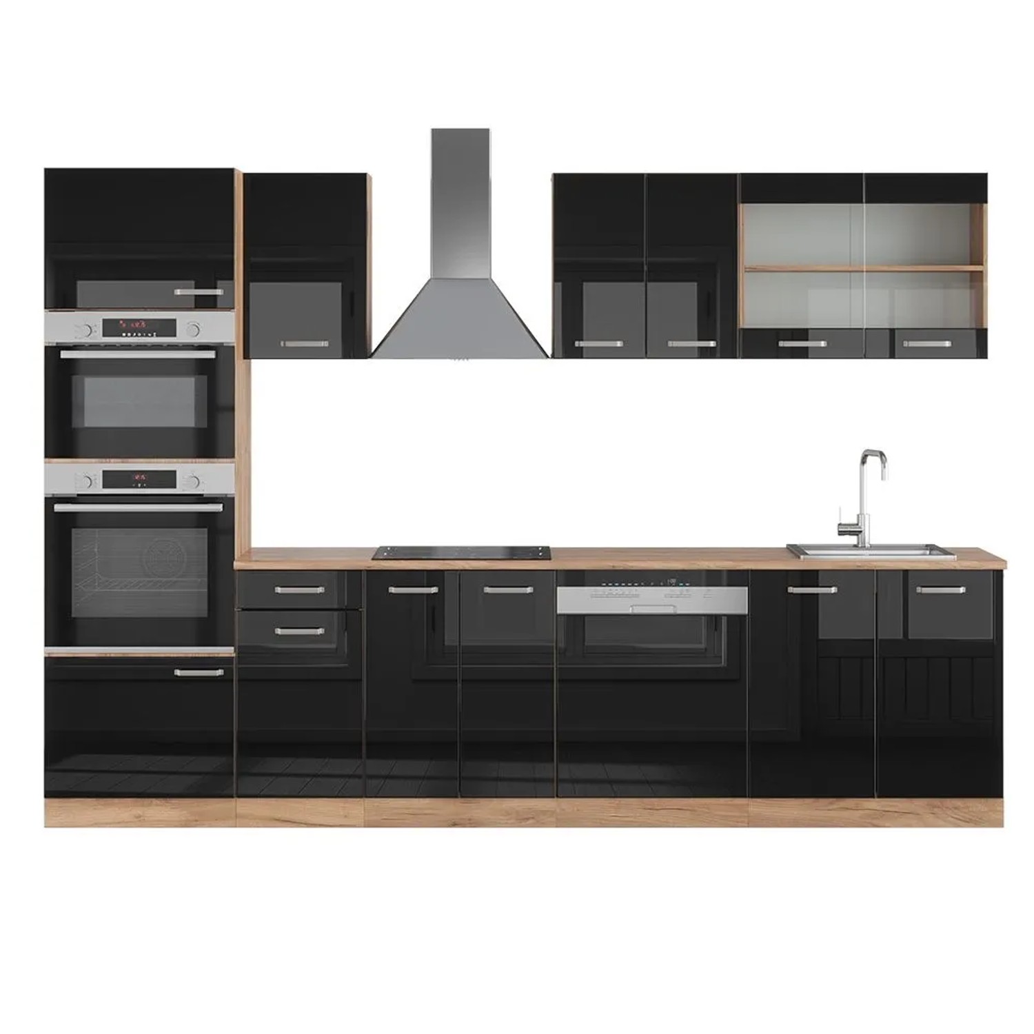 Vicco R-Line Küchenzeile Schwarz Hochglanz Goldkraft Eiche 300 cm mit HochschrankAP Eiche ohne E-Geräte