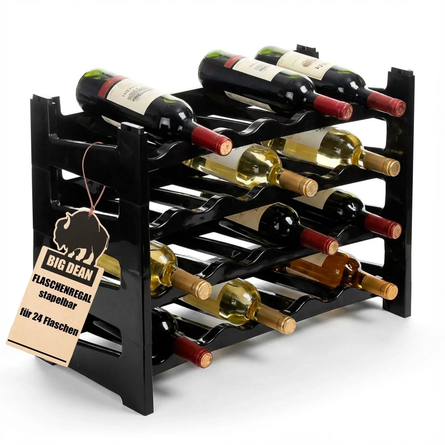 BigDean Flaschenregal Stapelbar Für 24 Flaschen Weinregal Aus Kunststoff Schwarz Getränkeregal Flaschen Regalsystem Für Glas & PET Bis 1,5 Liter BigDean Flaschenregal stapelbar für 24 Flaschen Weinregal aus Kunststoff Schwarz Getränkeregal Flaschen Regalsystem für Glas- & PET bis 1,5 Liter