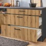 pino Küchenzeile 250 cm Evoke Eiche mit offenen Schubladen und schwarzen Griffen.