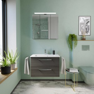 Pelipal Badmöbel-Set Trentino, 77 cm, Graphit, 3-teilig: Waschtisch mit Unterschrank und Spiegelschrank.