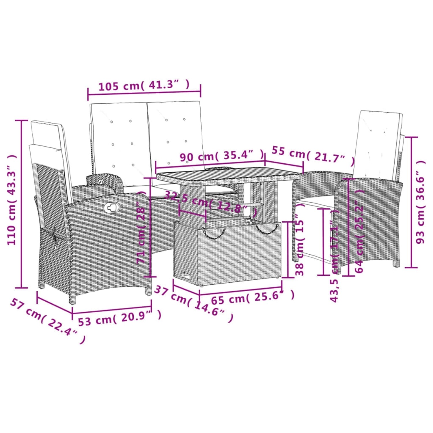 vidaXL 4-tlg. Garten-Essgruppe mit Kissen, beige Poly Rattan, mit verstellbarem Tisch und Sesseln. Ideal für Terrasse und Garten.