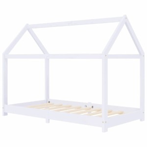 Weißes Kinder-Bettgestell aus massivem Kiefernholz im Hausbett-Stil, 80x160 cm.