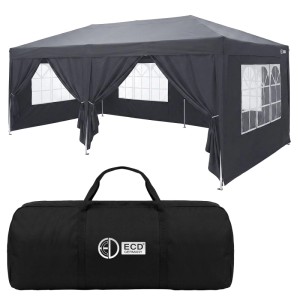 Anthrazitfarbener Pop Up Pavillon 3x6m mit Seitenwänden, Fenstern und Tragetasche. Ideal für Garten & Events.