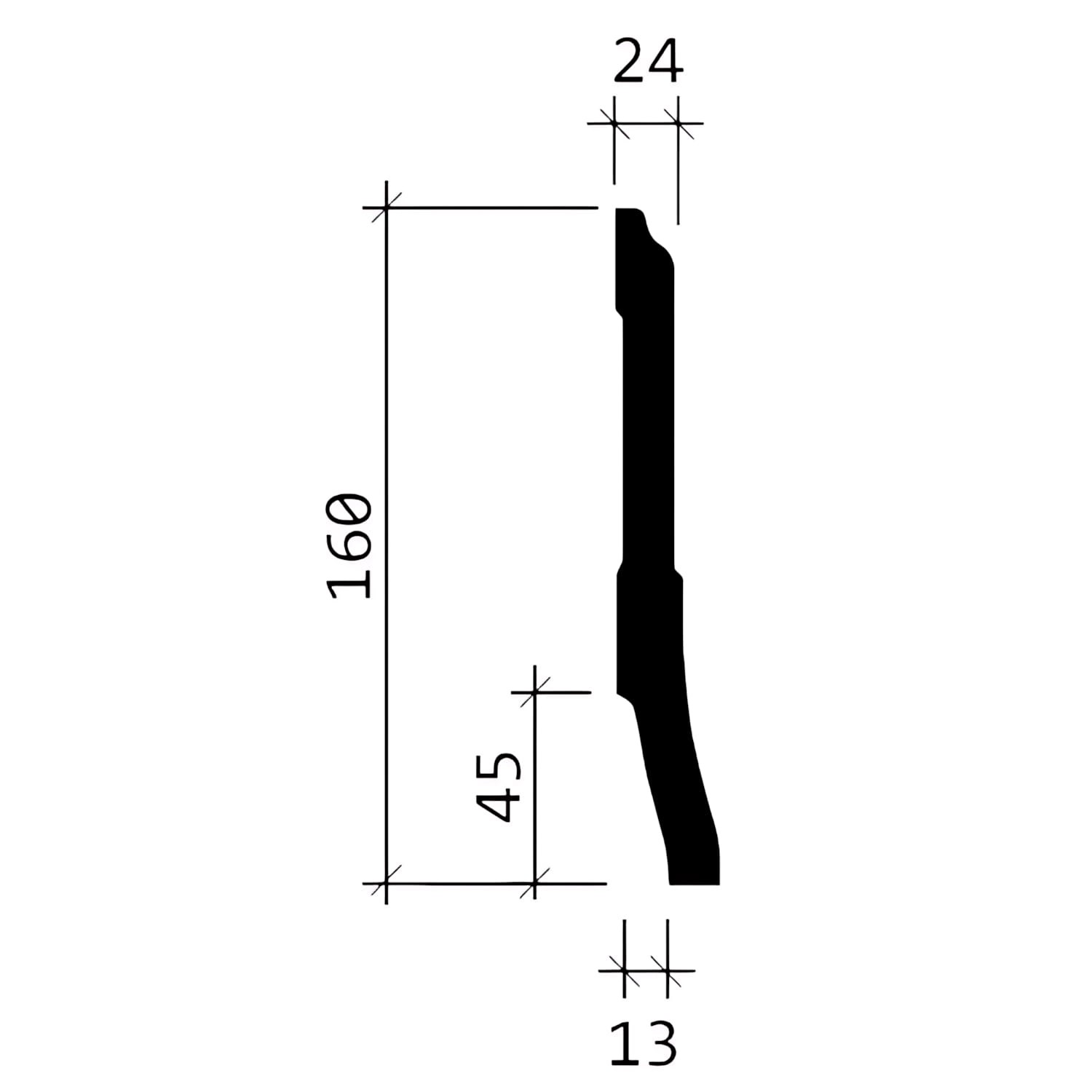Profilzeichnung: Weiße PROFHOME Sockelleiste, 160x24mm, im 11er Set (22m). Zubehör für Paneele.