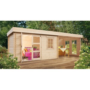Kiehn-Holz Gartenhaus KH 28-025 Unberührt, 580x250 cm, mit Anbau und Flachdach aus unbehandeltem Holz.