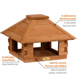 Dobar Vogelhaus Blockhausoptik aus Kiefernholz mit Holzdach. Viereckiges Vogelfutterhaus mit großer Futterfläche.