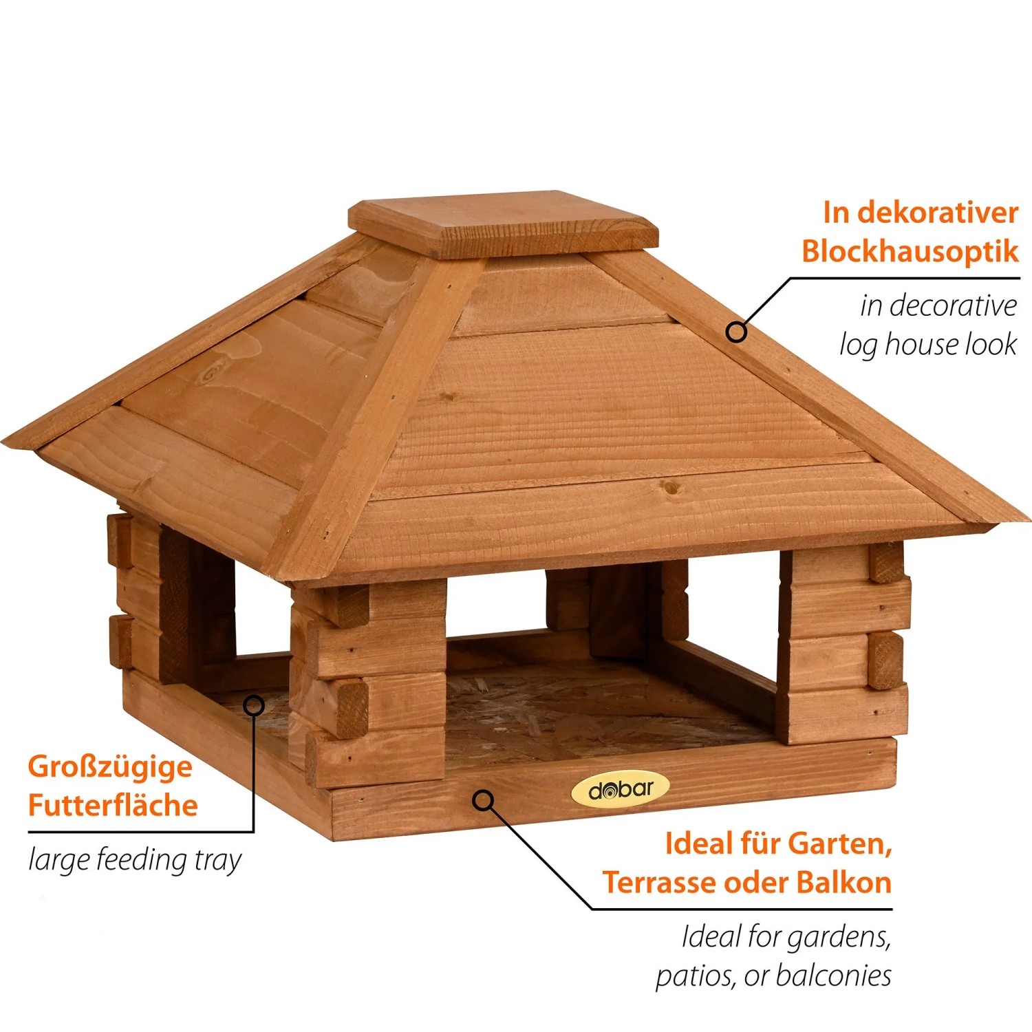 Dobar Vogelhaus Blockhausoptik aus Kiefernholz mit Holzdach. Viereckiges Vogelfutterhaus mit großer Futterfläche.