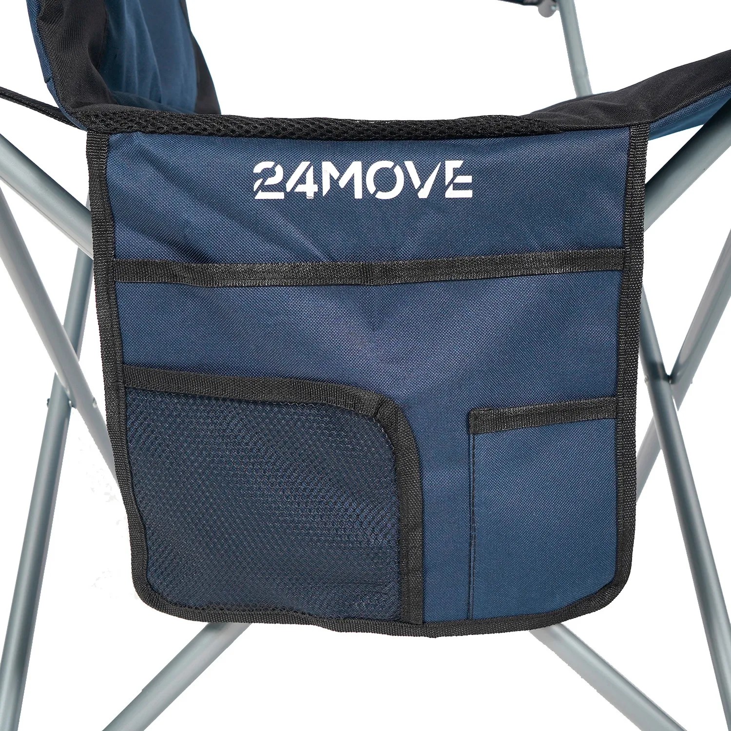 Detailansicht: Blaue 24MOVE Campingstuhl Seitentasche mit Fächern.