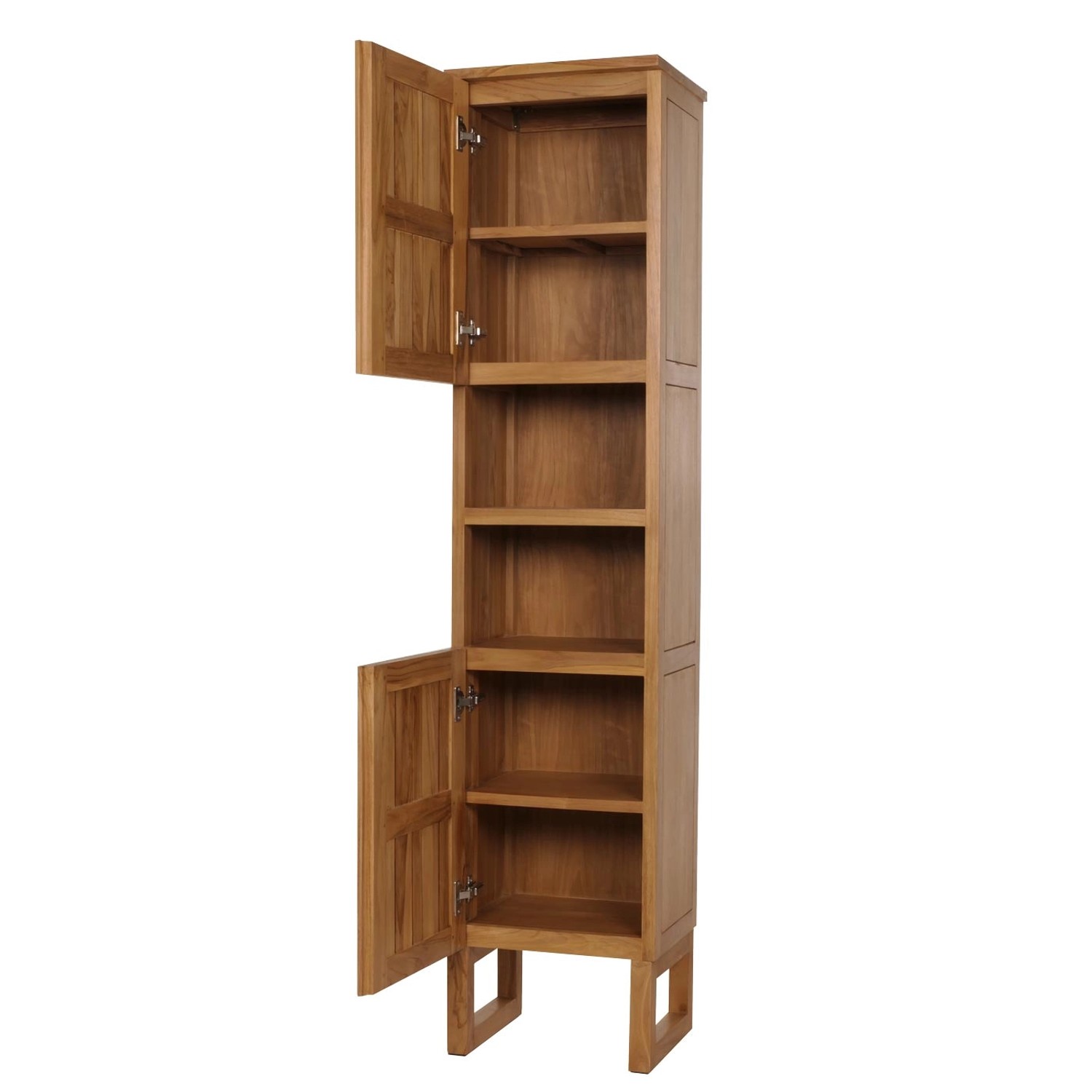 Teak Hochschrank mit 2 Türen und 6 Fächern. Bad-Einbauschrank aus Teakholz mit offenen und geschlossenen Fächern.