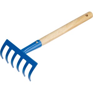 Hand-Rechen mit Holzstiel und sechs Zinken aus blauem, pulverbeschichtetem Stahl.