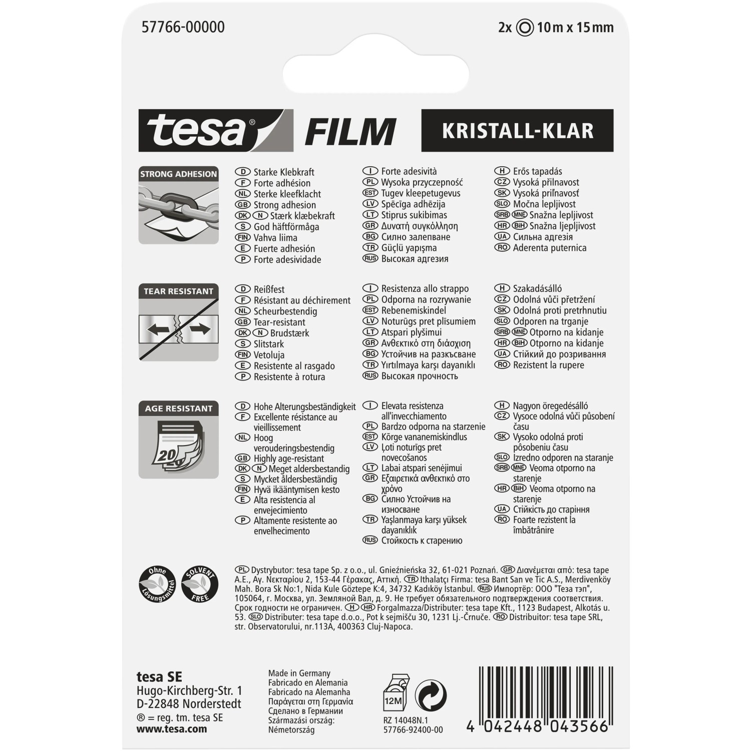 Tesa Film Kristall-Klar, 2 Rollen transparentes Klebeband, 10 m x 15 mm.