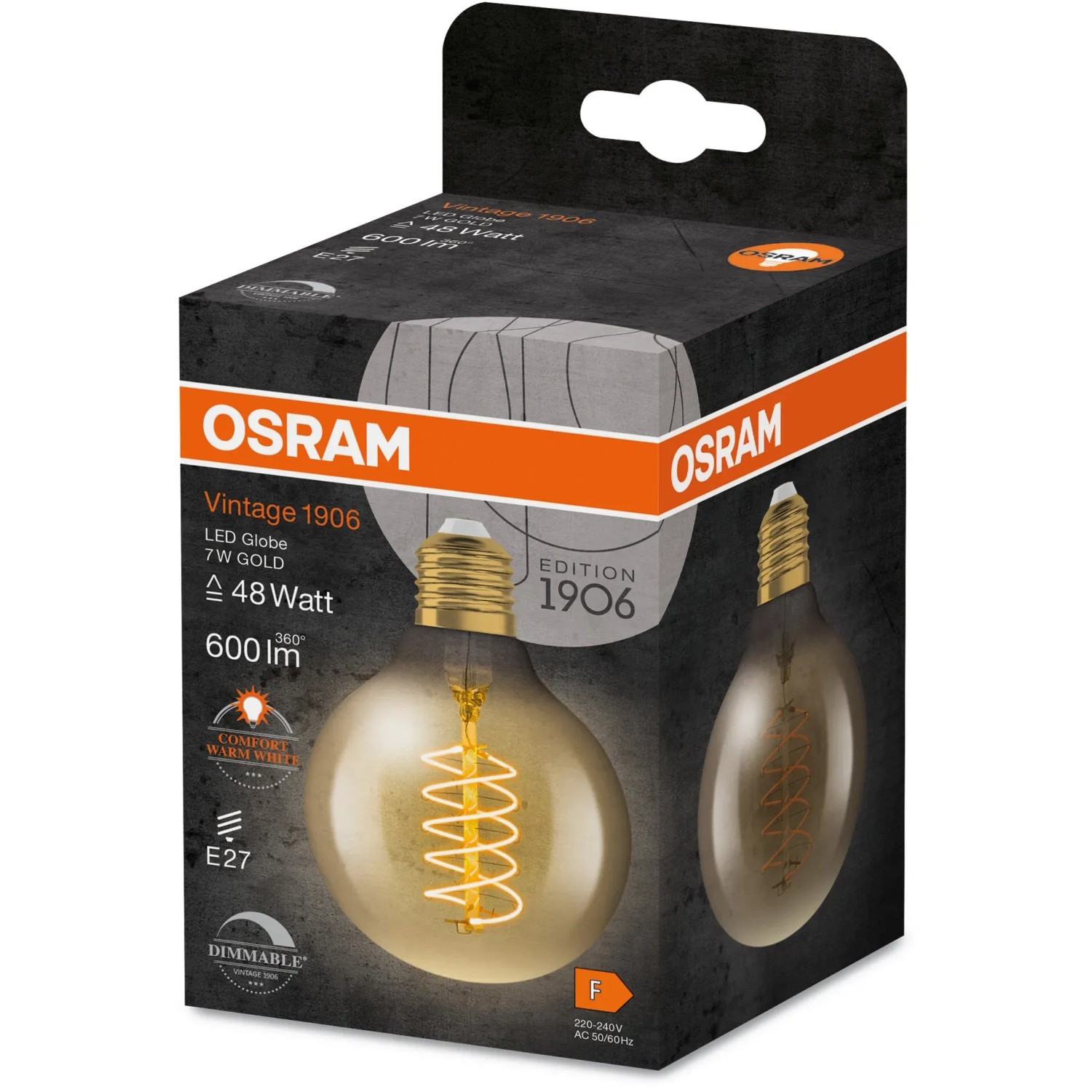 Osram E27 LED Leuchtmittel in Globeform, 7W, warmweiß, dimmbar. Verpackung.