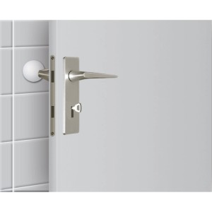 Transparenter, selbstklebender Wandpuffer als Türstopper an Wand montiert.