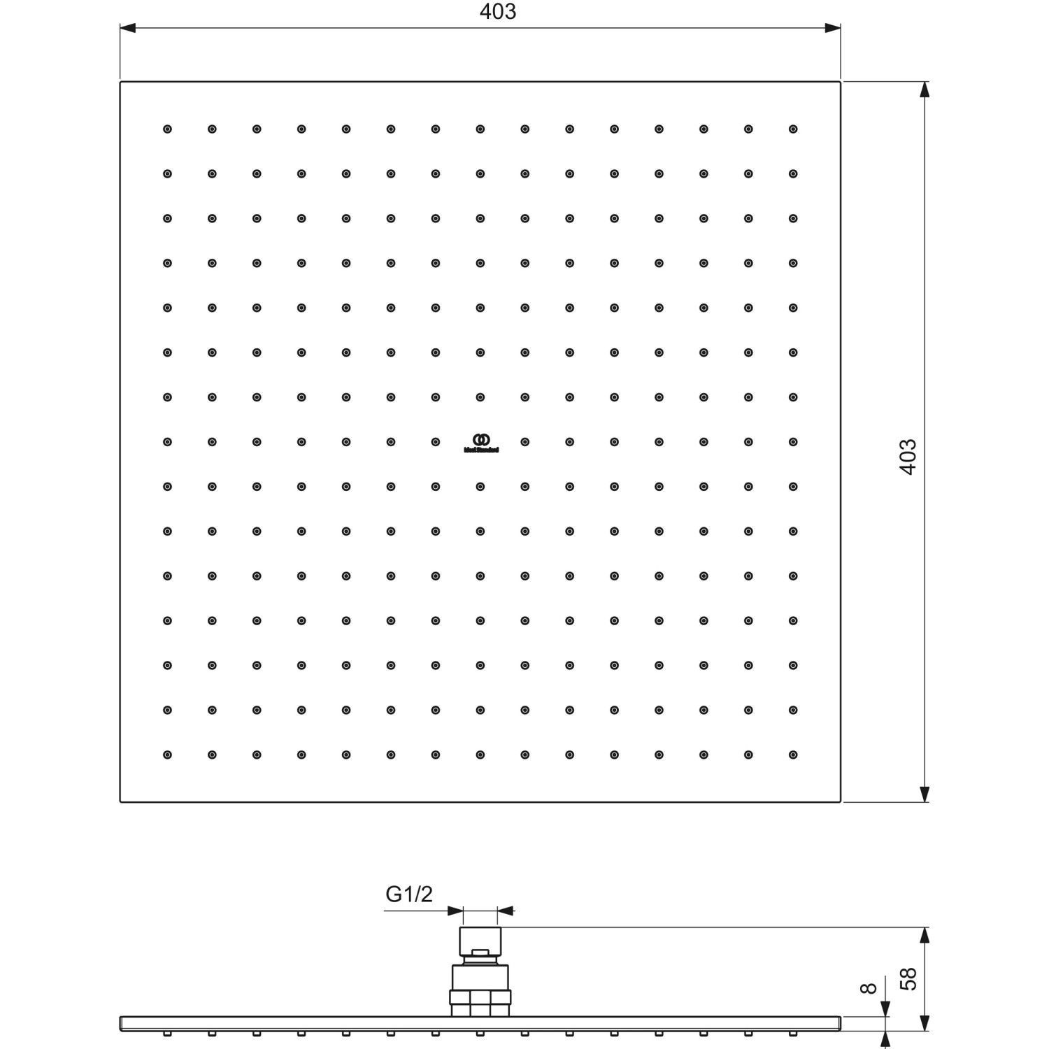 Technische Zeichnung: Ideal Standard Idealrain Atelier Kopfbrause, eckig, 400x400 mm, Magnetic Grey.