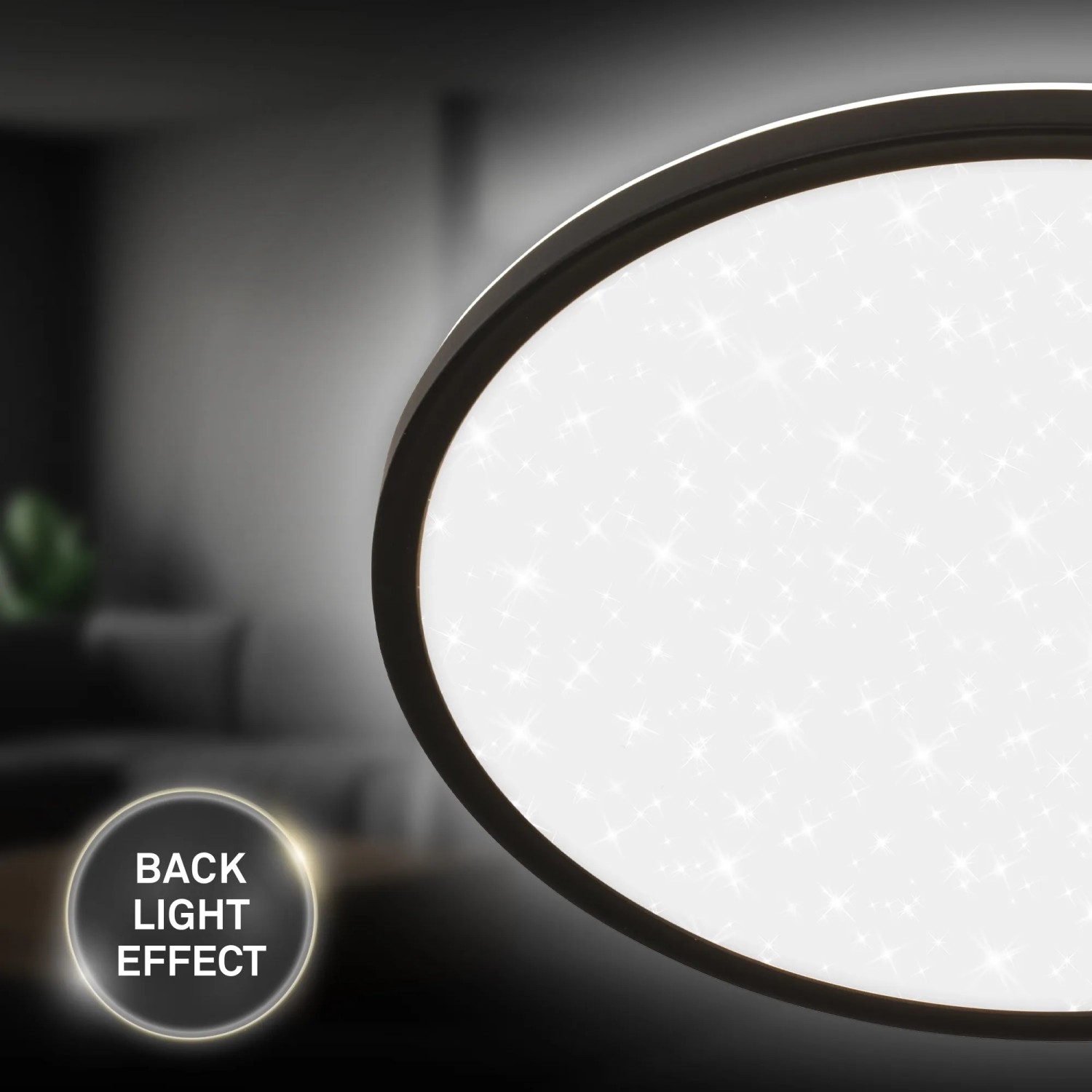 Schwarzes Brilo LED-Panel Slim Sternenhimmel, neutralweiß, mit Backlight-Effekt.