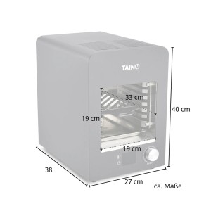Taino Oberhitzegrill elektrisch, 800 Grad, Steakgrill in Schwarz mit Maßangaben.