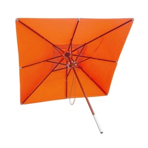 Eckiger Terracotta Holz-Sonnenschirm 4x4m von unten, mit Holzgestell, Seilzug und Alu-Hülse. Ideal für Gastronomie.