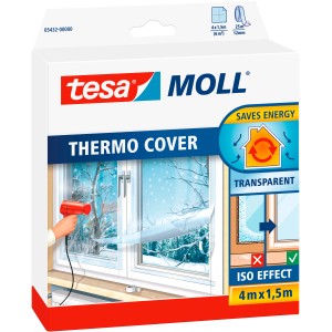 Verpackung der Tesamoll Thermo Cover Fensterisolierfolie (4 m) mit Anwendungsbeispiel.