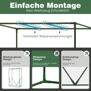 Details des Foliengewächshauses: Einfache, werkzeuglose Montage, modulare Verbinder und stabile Konstruktion gegen Umkippen.