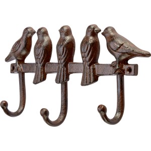 Wandhaken mit fünf Vögeln aus Eisen in Rostrot, Gartendekoration.