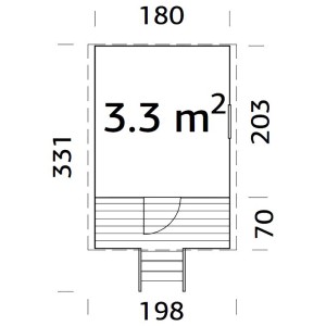 Grundriss Palmako Spielhaus Huck 2,4 m²: Draufsicht mit Maßen und Treppe.