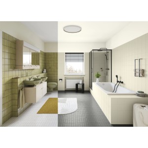 Badezimmer und Küche mit Alpina Wandfarbe Bad & Küche Baumwollweiß gestrichen.