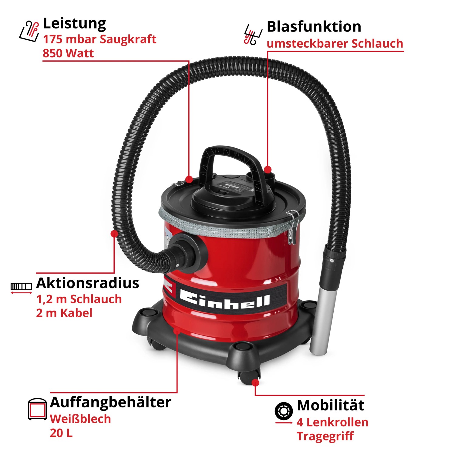 Roter, mobiler Einhell Aschesauger TC-AV 2032 DW mit 20L Behälter, Schlauch, Düse und Blasfunktion.