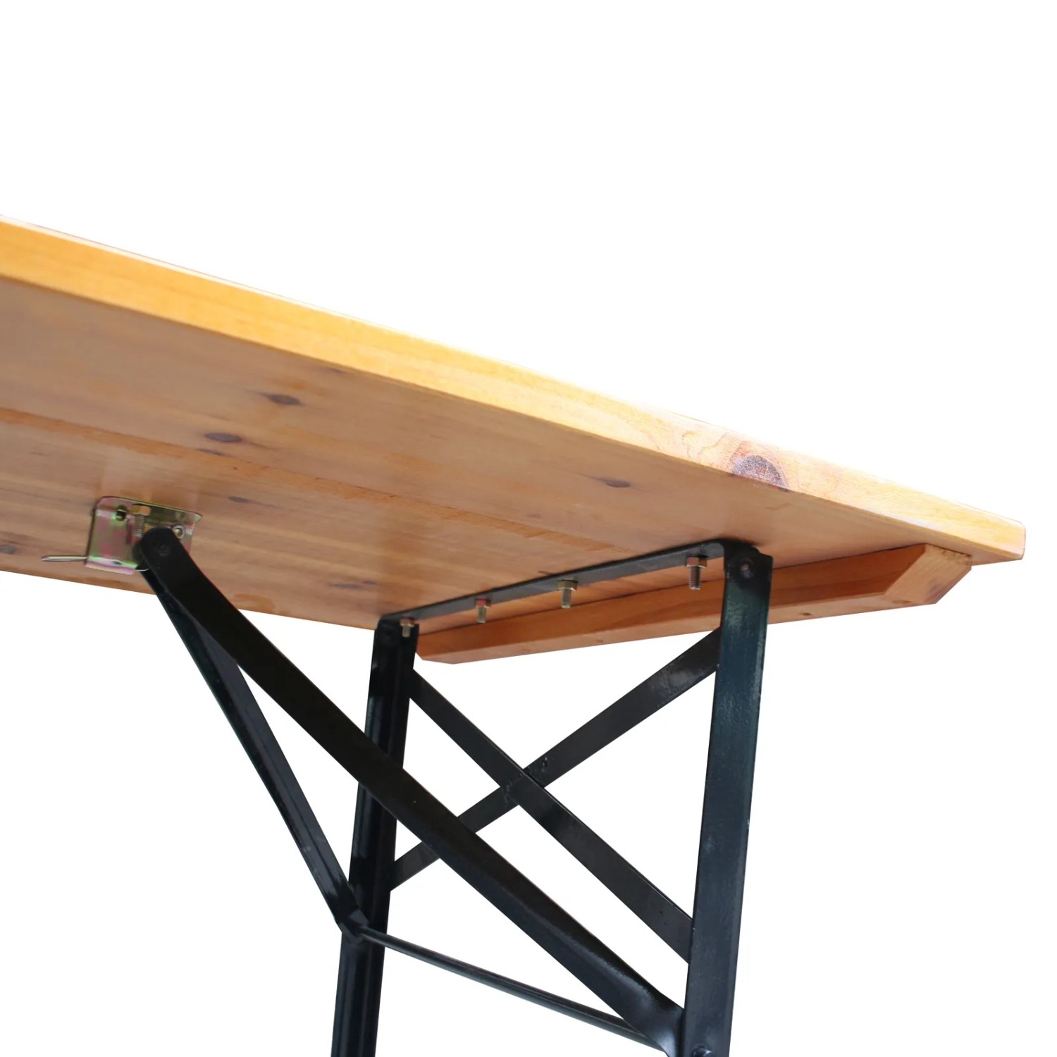Detailansicht: Svita Bierzeltgarnitur, Holztisch mit klappbarem, schwarzem Metallgestell.