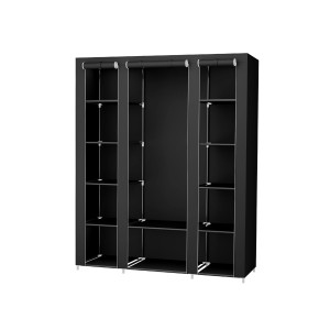 Schwarzer Songmics Stoff-Kleiderschrank (150x45x175 cm) mit Fächern und Kleiderstange.