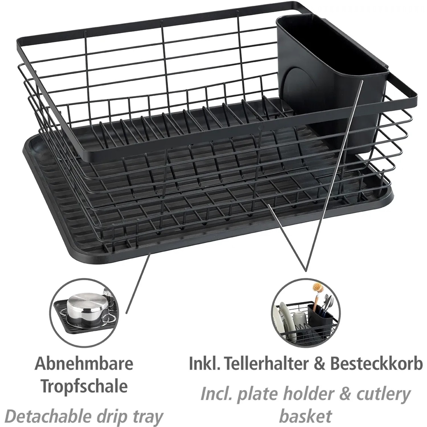 Schwarzer Wenko Geschirrabtropfer Drip mit Abtropfschale und Besteckkorb.