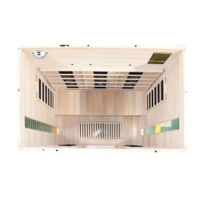 Innenansicht der Dewello Infrarotkabine Pierson aus Hemlock-Holz für 2-3 Personen.