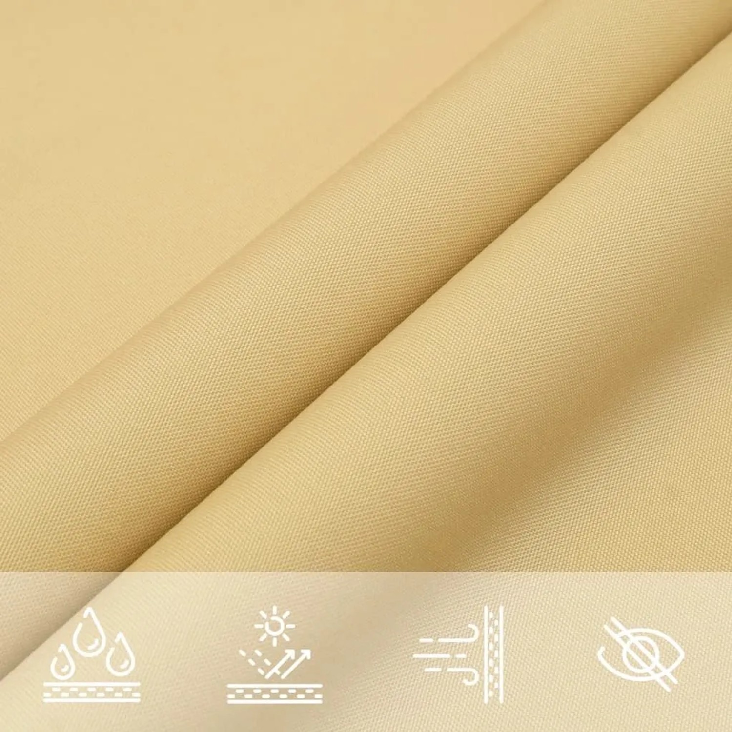 Sandfarbenes vidaXL Sonnensegel aus Polyester Oxford. Detailansicht des wasser- und UV-beständigen Materials mit Symbolen.