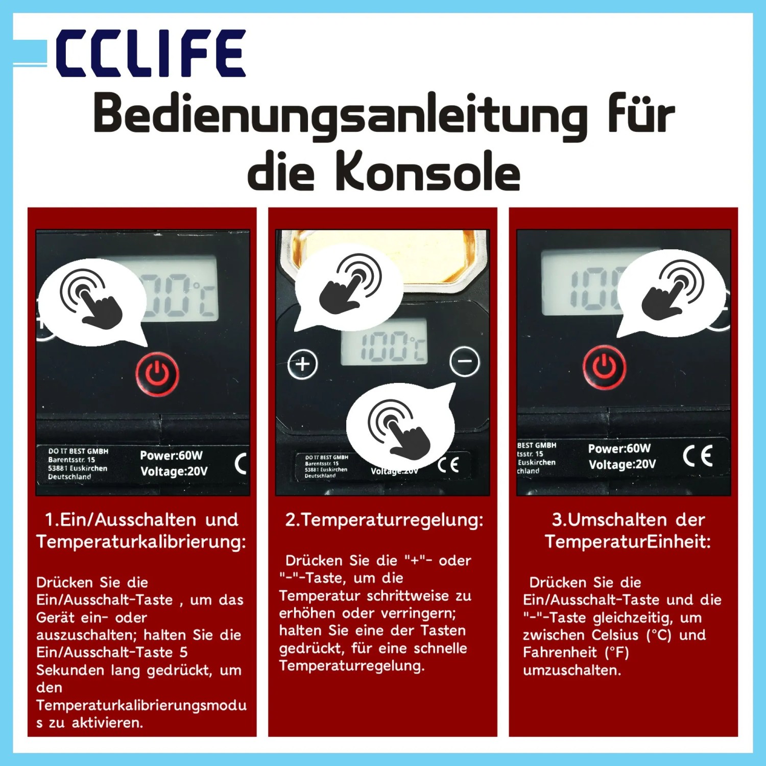 Anleitung für CCLIFE kabellosen Lötkolben: Display zeigt Ein/Aus, Temperaturregelung, °C/°F Umschaltung. Für Makita/Dewalt Akkus.