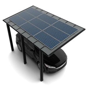 Schwarzer Ximax Solarcarport Linea mit blauen Solarmodulen auf dem Dach, schützt ein Auto. Robustes Aluminium.