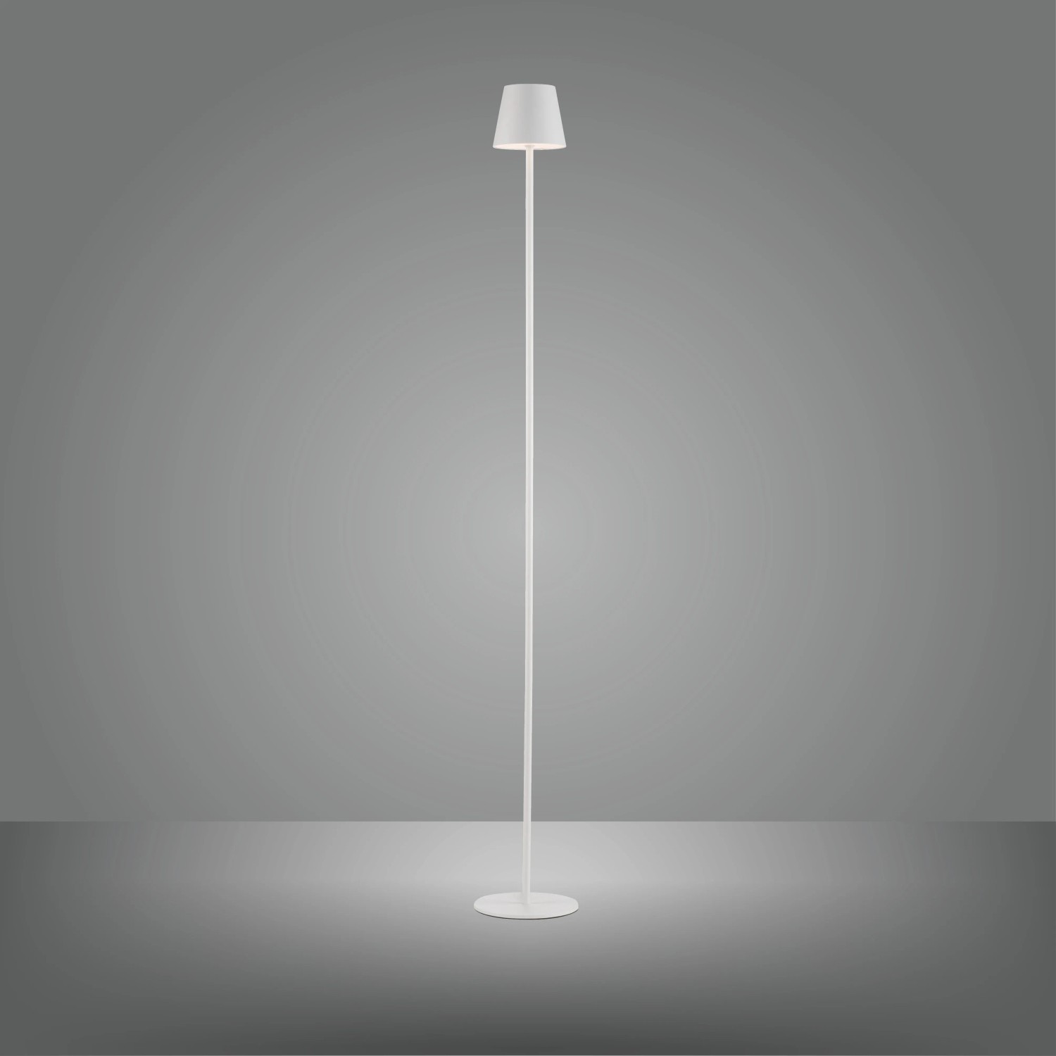 Weiße LED-Akku-Stehleuchte Euria, 125 cm hoch, für Innen- und Außenbereiche.