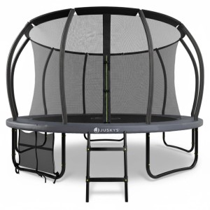 Juskys Trampolin SkyBounce L, schwarz/anthrazit, mit Sicherheitsnetz und Leiter.