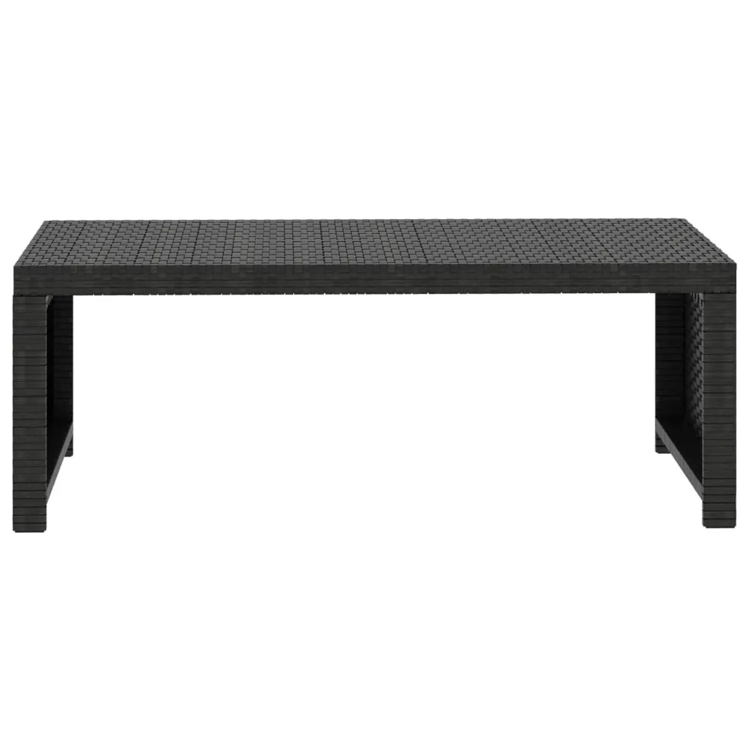 Schwarzer Couchtisch aus Poly Rattan, Teil des 5-tlg. vidaXL Garten-Lounge-Sets.