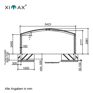 Technische Zeichnung: Ximax Alu Doppelcarport Portoforte Typ 80, Maße und Fundamentdetails.