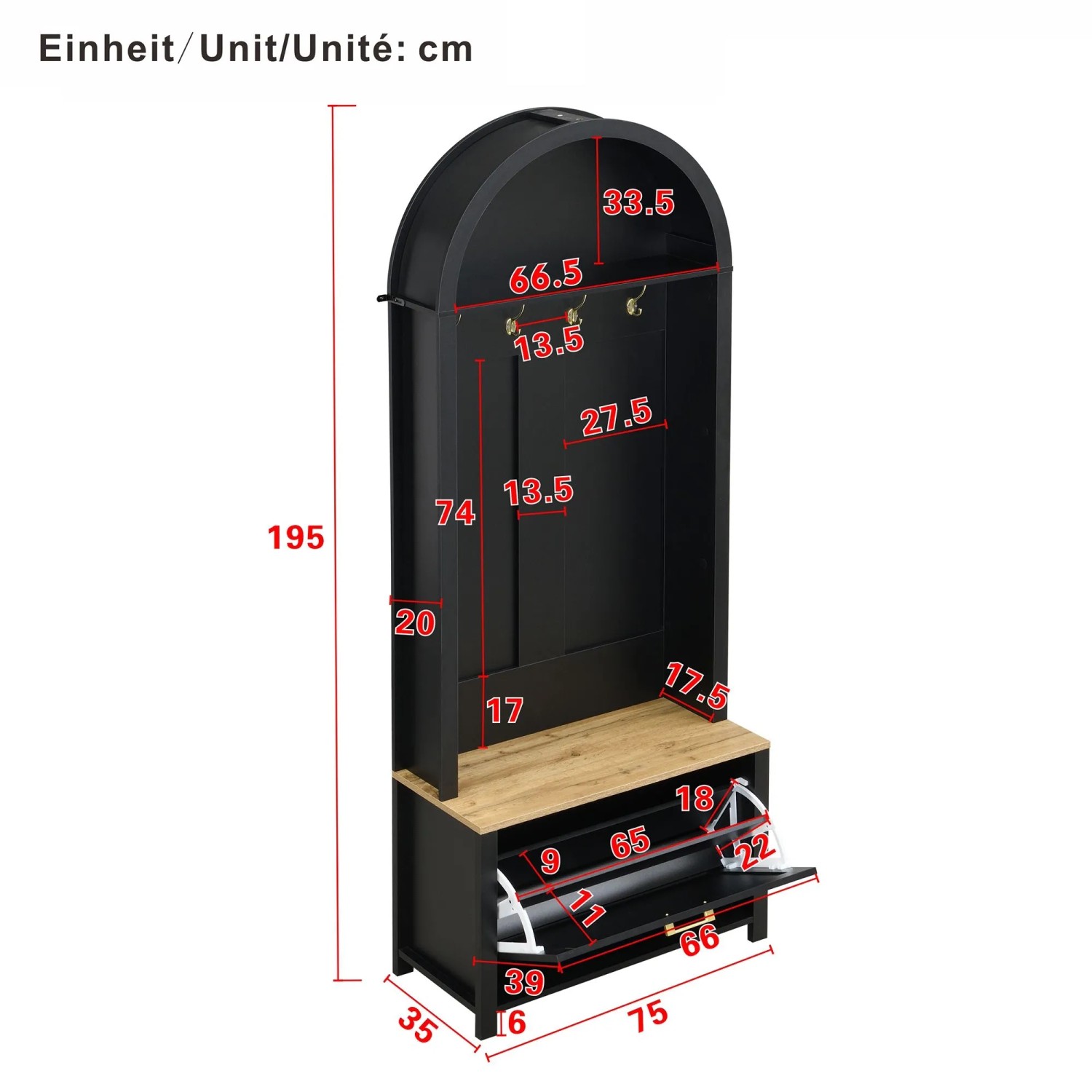 Schwarzes Garderoben Set mit Holzbank, Schuhregal und Haken. Detaillierte Ansicht mit Maßen für den Eingangsbereich.